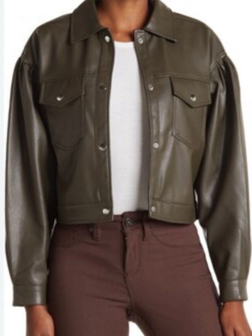 T Tahari Olive Faux Leather Cropped Jacket